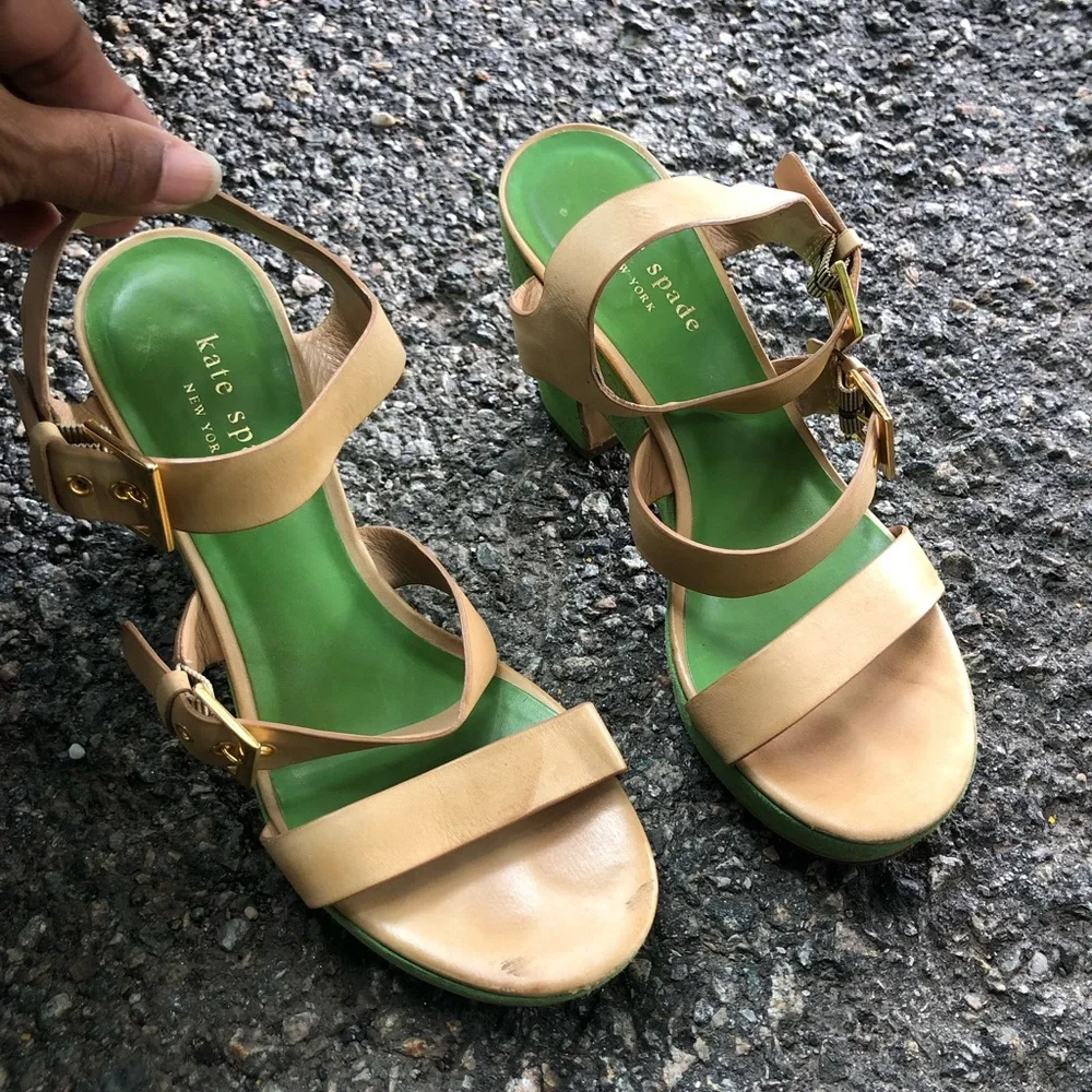 kate spade Green and Tan Suede Leather Block Heel Sandals